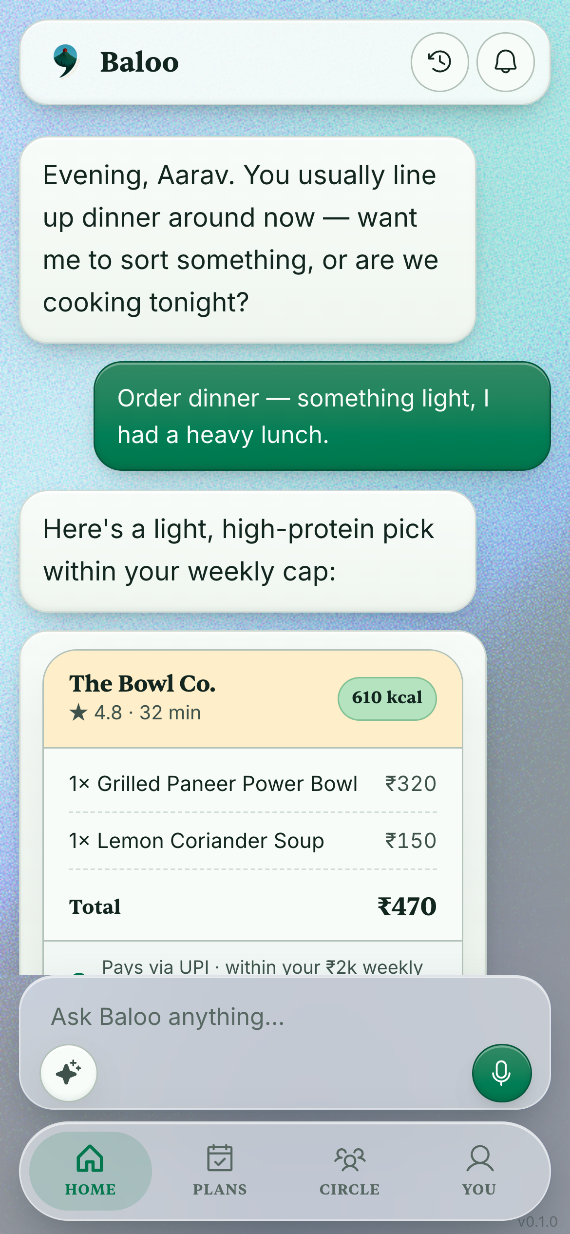 Chatting with Baloo — an evening check-in and a suggested light, high-protein dinner