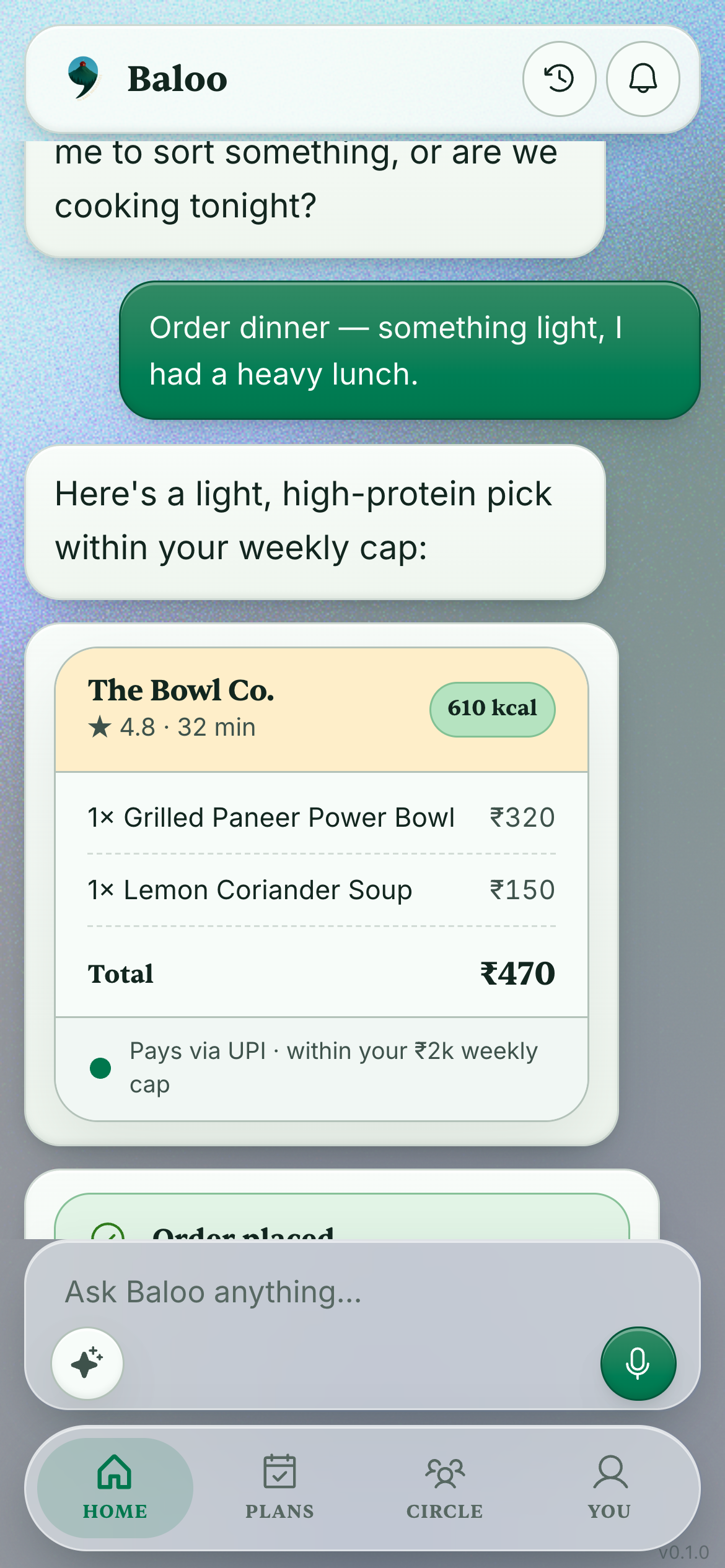A placed food order from The Bowl Co. with a live order-placed status