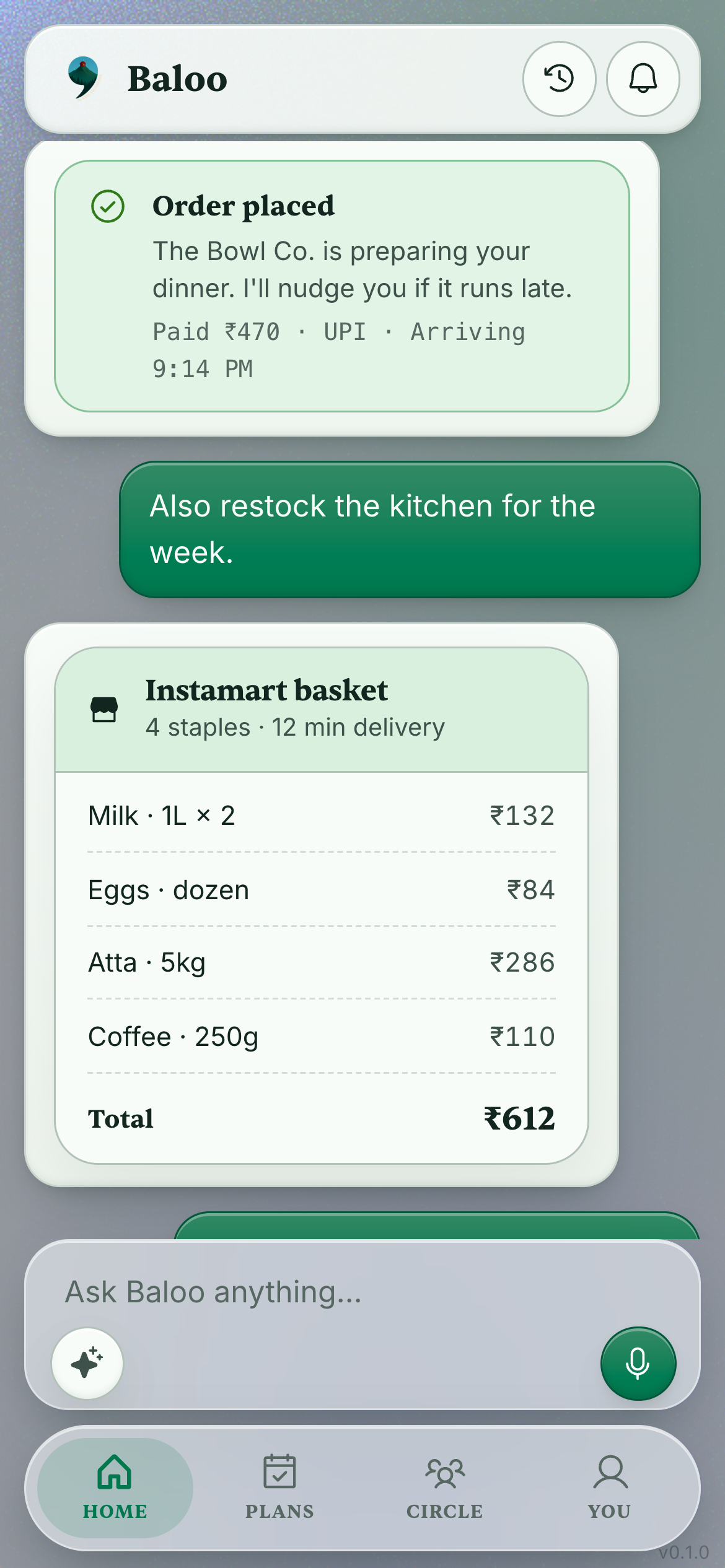 An Instamart grocery restock basket in Baloo