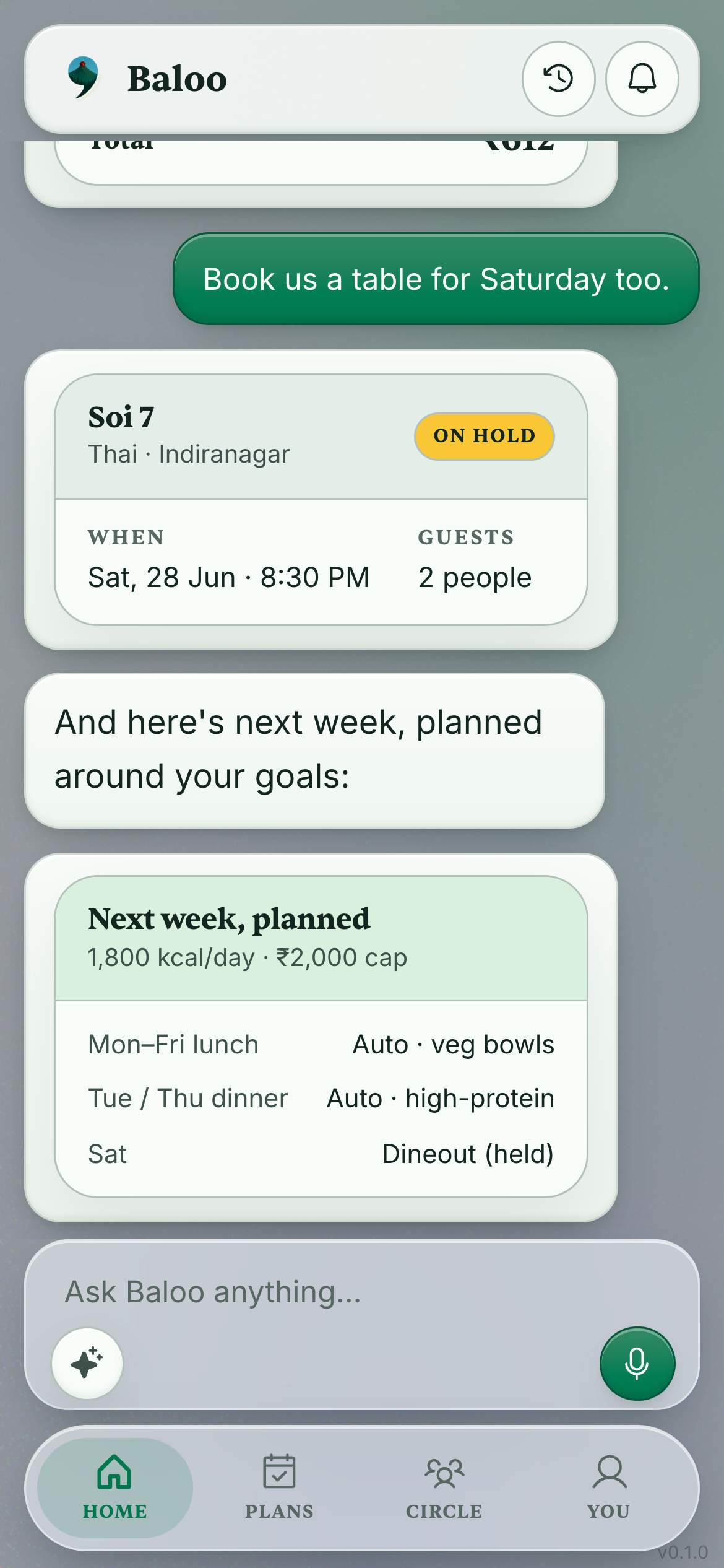 Baloo's auto-planned week of lunches, dinners and a dineout