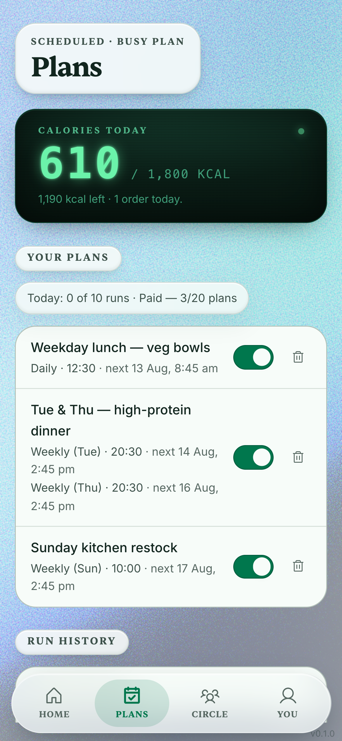 Baloo Plans screen — a calorie ring and recurring auto-order schedules