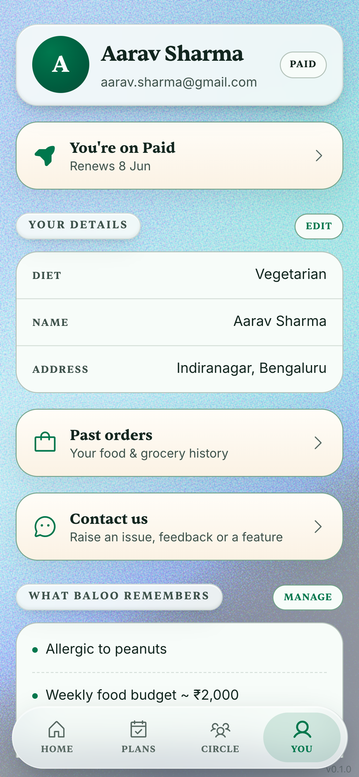 Baloo profile — subscription, dietary details, and what Baloo remembers
